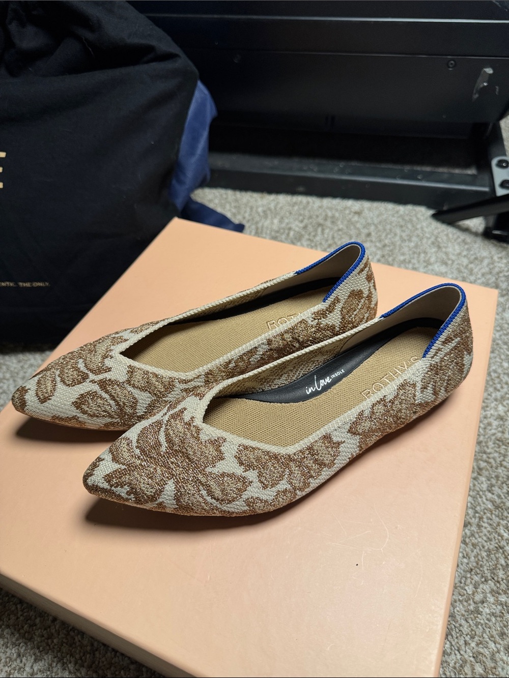 Rothy's Pointed Toe Floral Knit Flats in Beige and Brown with Blue Trim